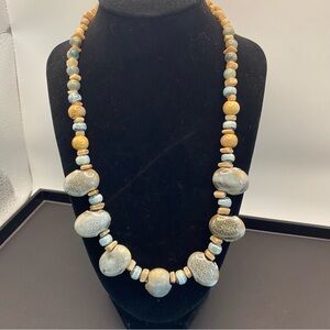 Handcrafted Blue and Tan Ceramic & Stone Bead Necklace